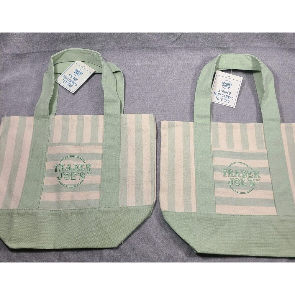 Trader Joe’s 2026 Striped Mini Canvas Tote Bags Mint Green BUNDLE OF 2 -NEW